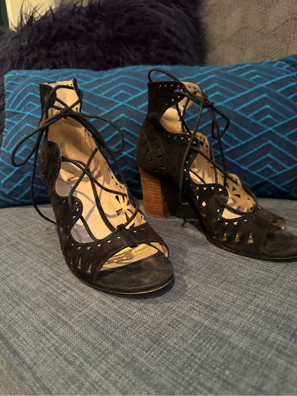 Nine West Black Suede Lace-Up Cutout Block Heels